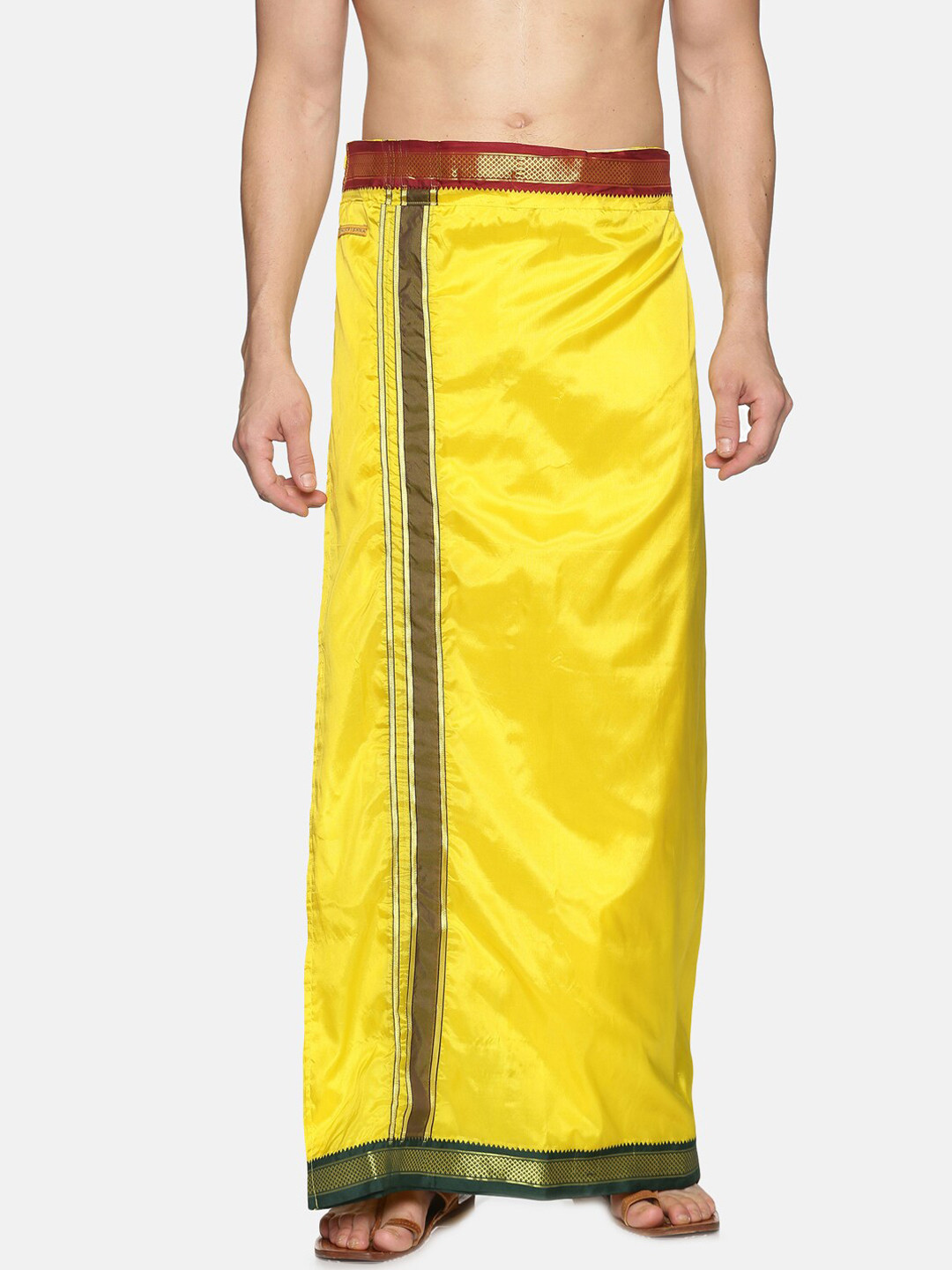 Sethukrishna Men Yellow & Green Solid Readymade Veshti Dhoti