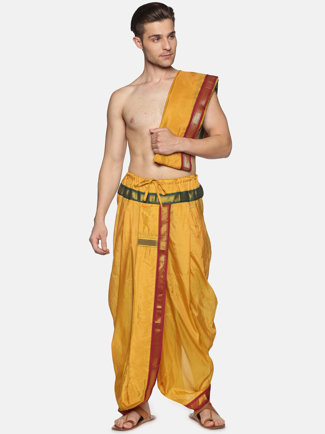 Sethukrishna Men Mustard Yellow & Red Solid Readymade Dhoti Pant