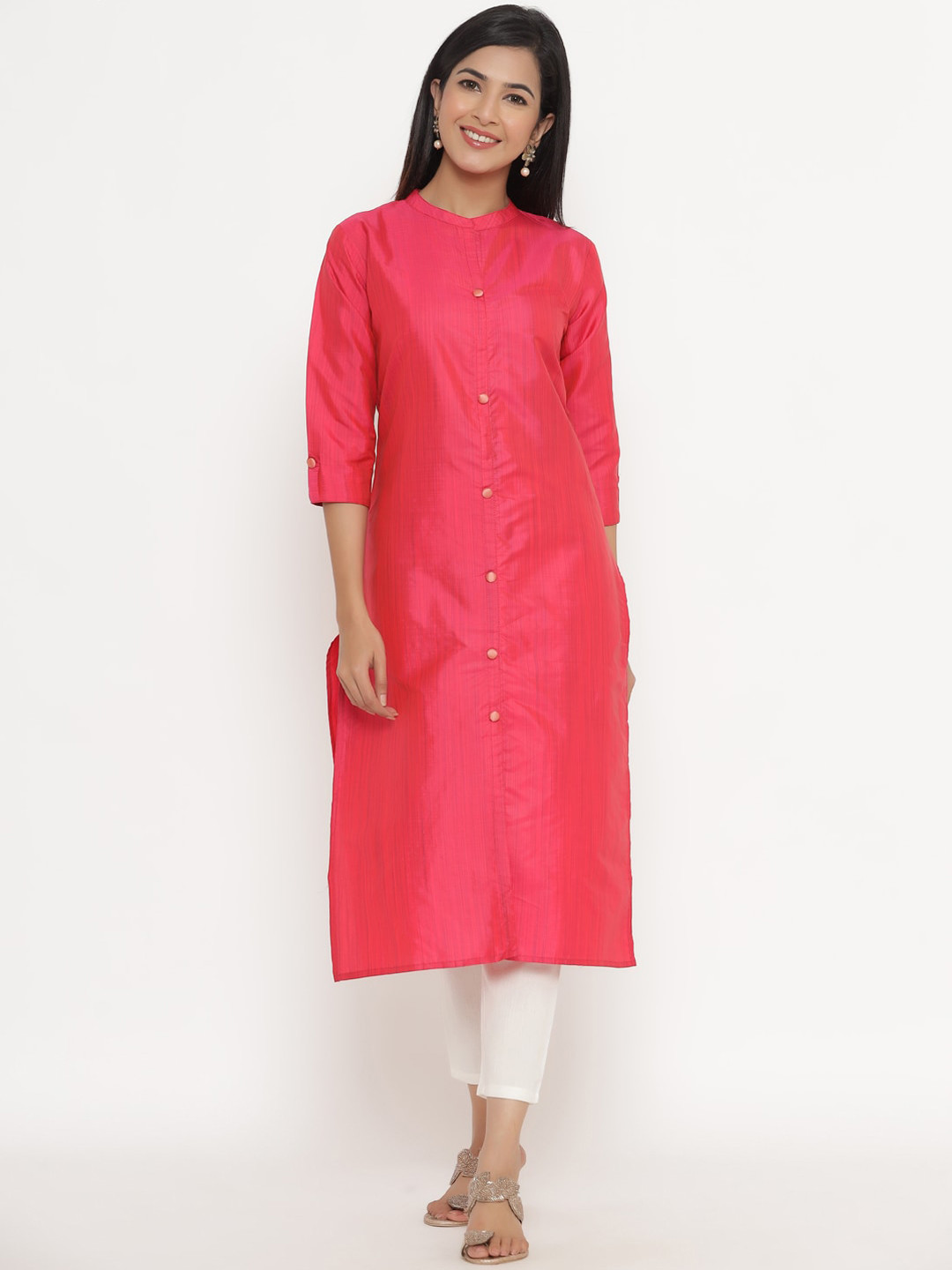 Fabriko Women Silk Pink Solid Straight Kurta