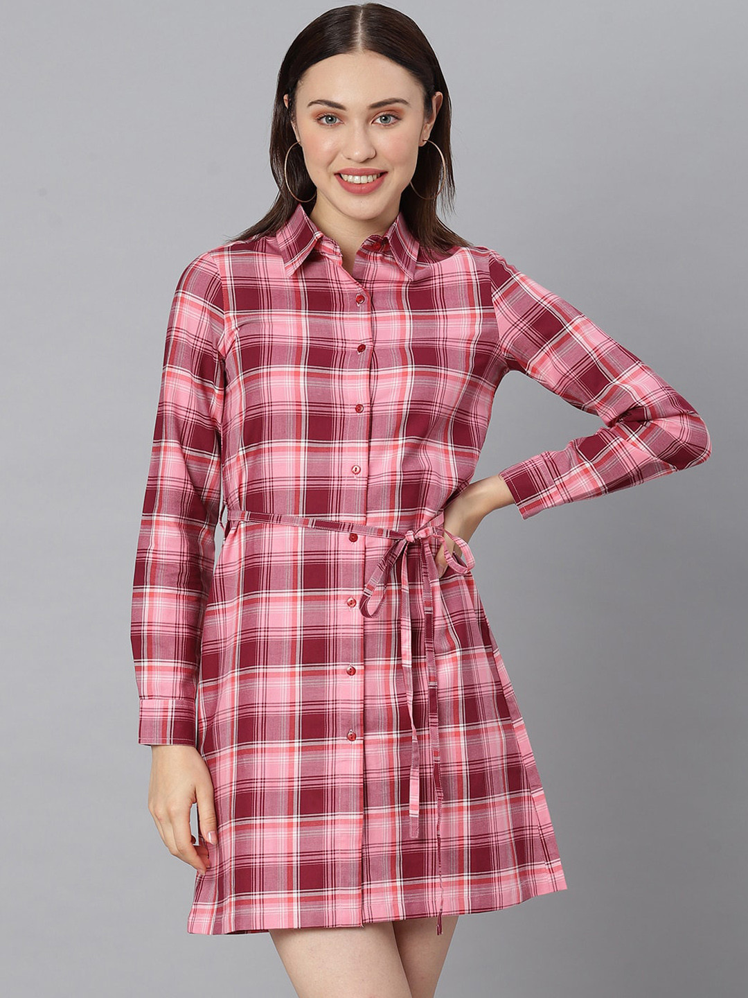 StyleStone Pink Checked Shirt Dress