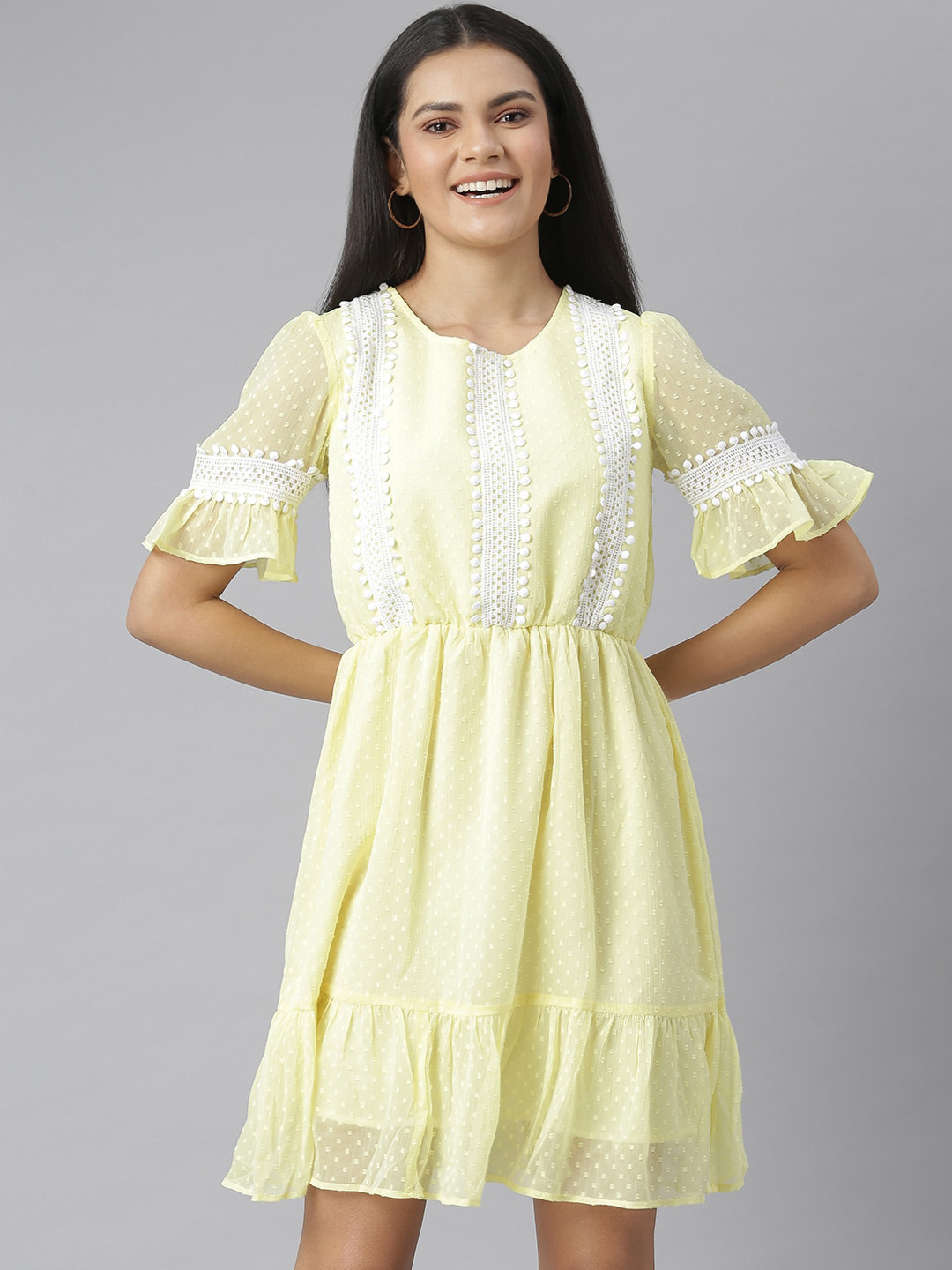 StyleStone Yellow & White Lace Insets Chiffon Dress