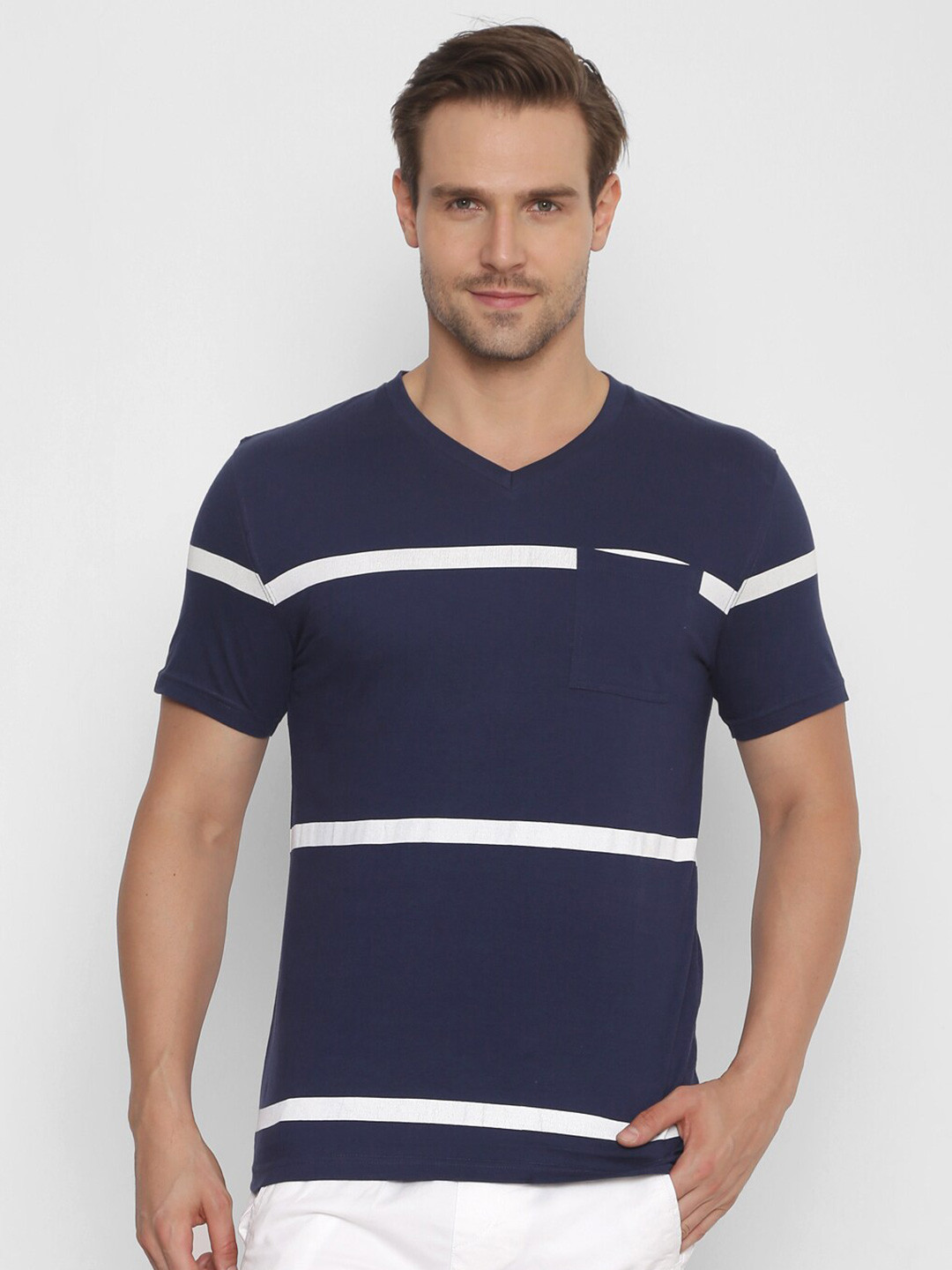 YAK Men Navy Blue Striped V-Neck Pockets Slim Fit T-shirt