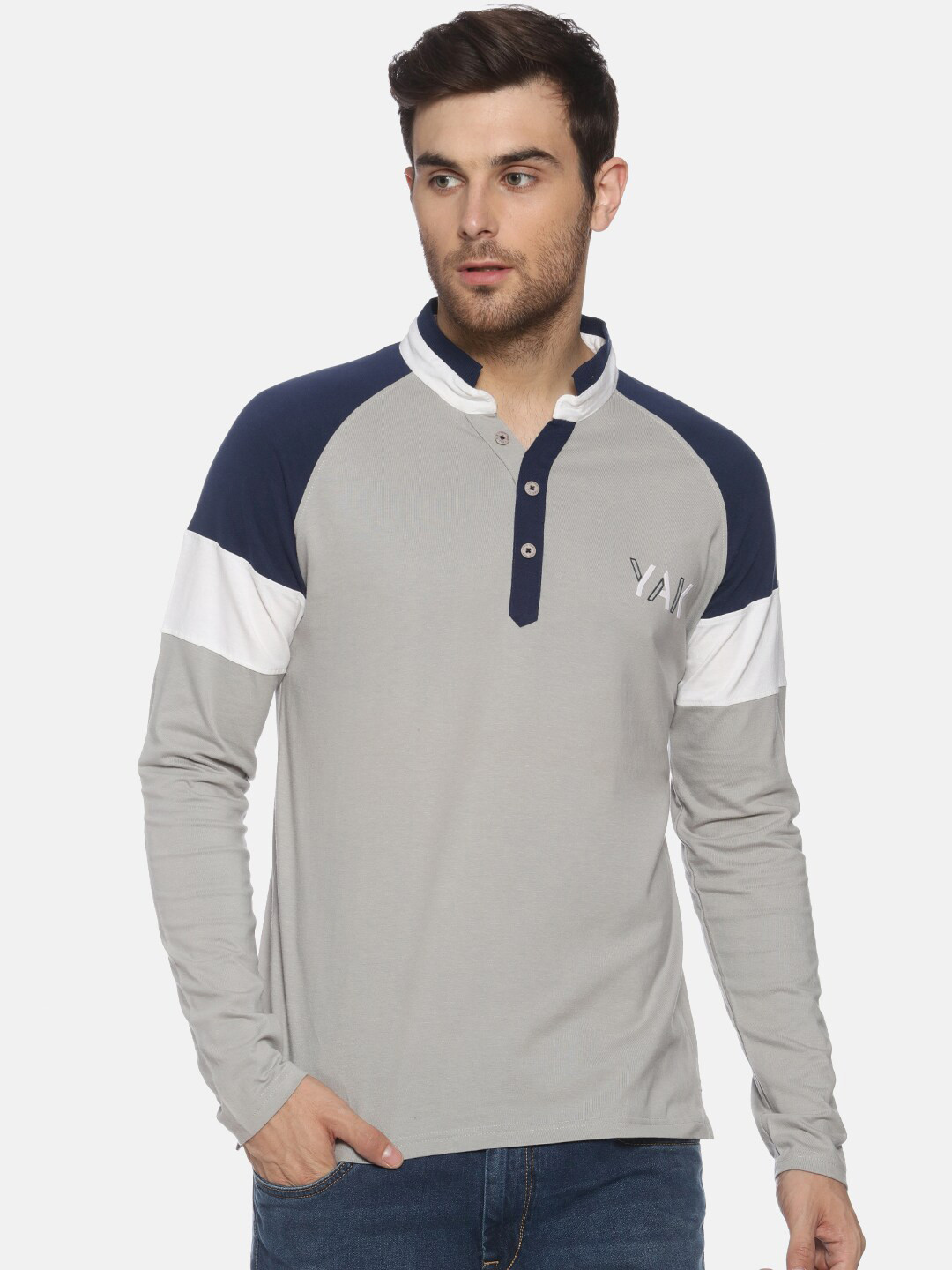 YAK Men Grey Mandarin Collar Slim Fit T-shirt