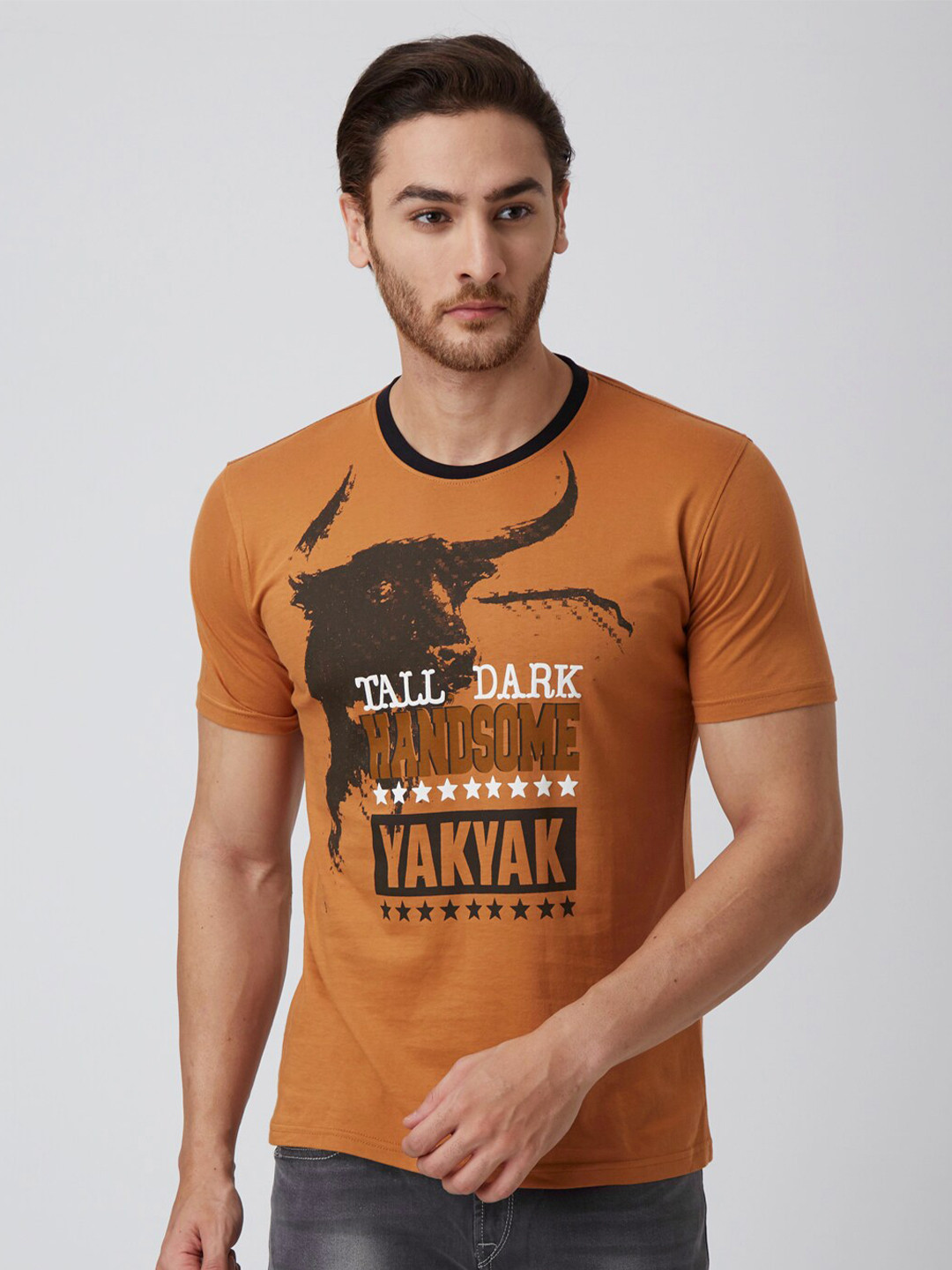 YAK Men Orange & White Typography Printed Slim Fit T-shirt