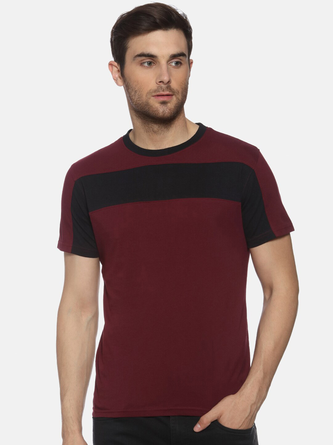 YAK YAK Men Maroon Colourblocked Regular Fit Pure Cotton T-Shirt
