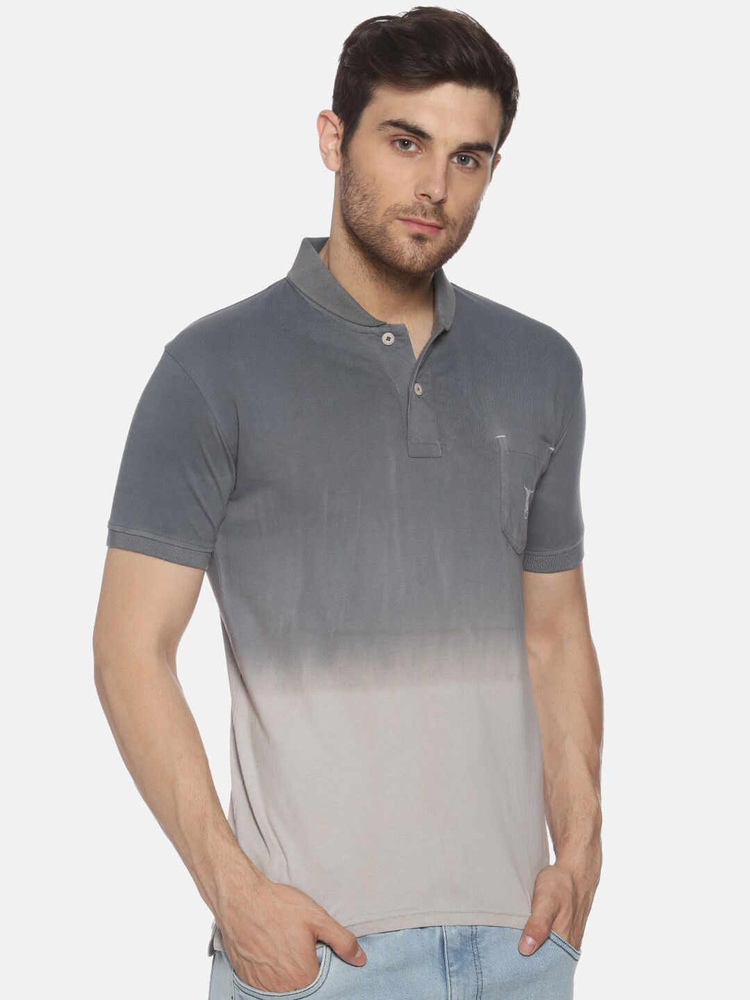 YAK Men Grey Tie and Dye Dyed Polo Collar Pure Cotton Slim Fit Pure Cotton T-shirt