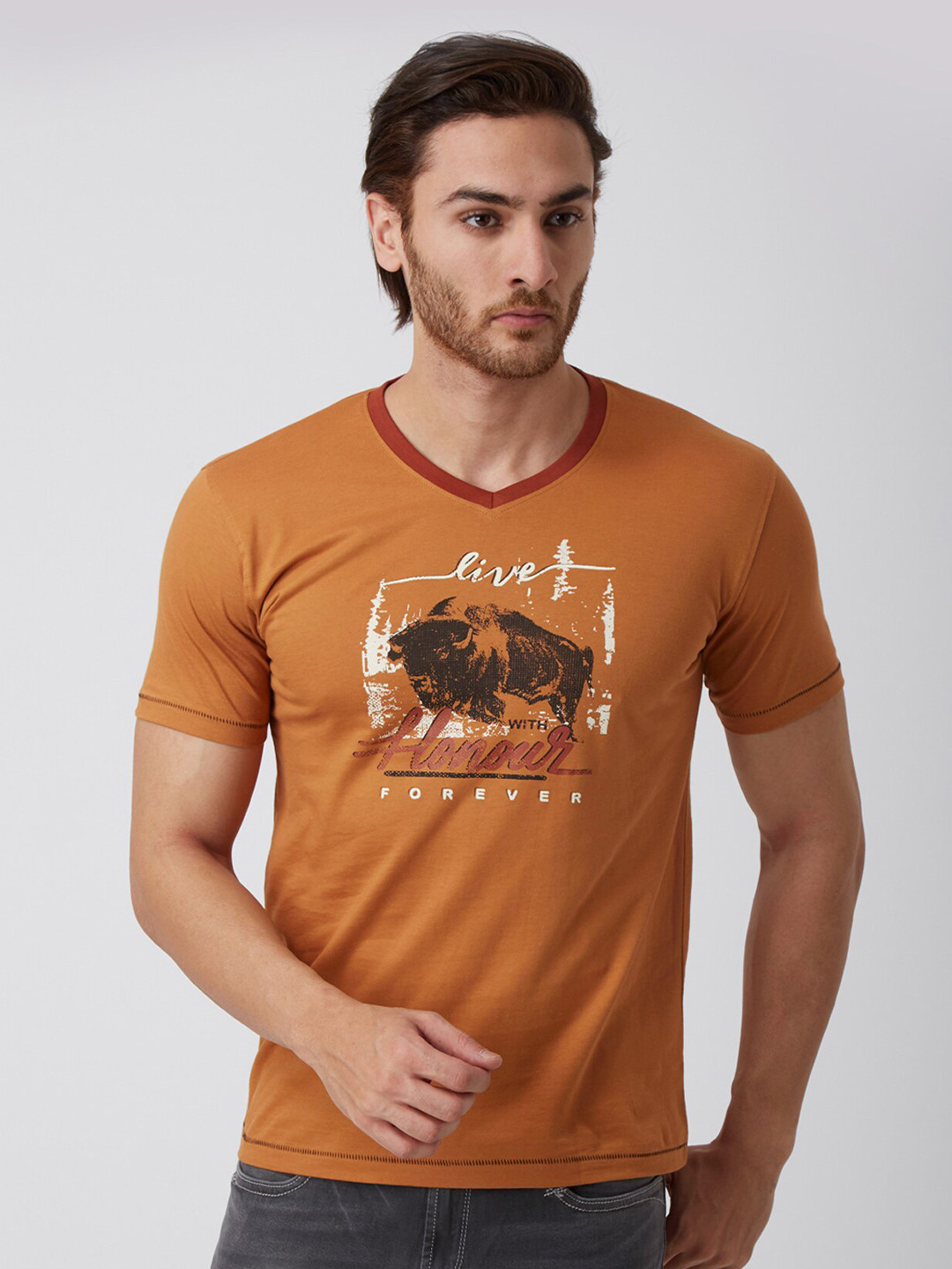 YAK Men Orange Printed V-Neck Slim Fit T-shirt