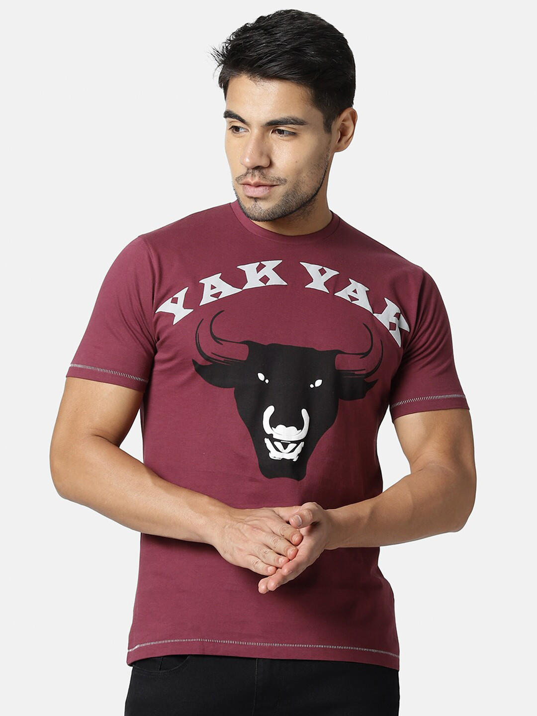 YAK Men Purple Printed Slim Fit Cotton Pure Cotton T-shirt