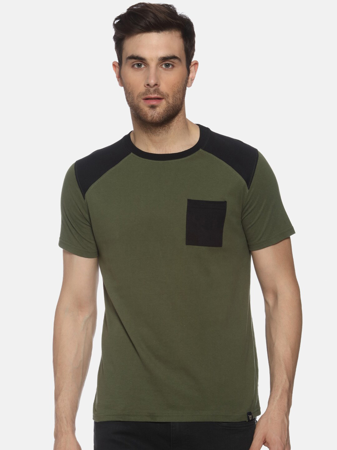 YAK YAK Men Olive Green Colourblocked Regular Fit Pure Cotton T-Shirt