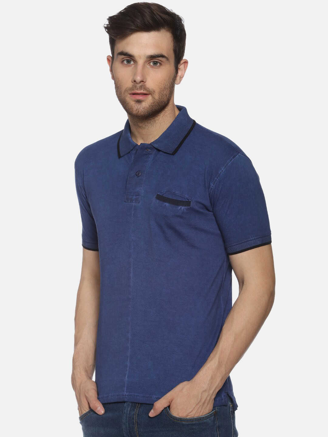 YAK Men Navy Blue Polo Collar Pockets Slim Fit T-shirt