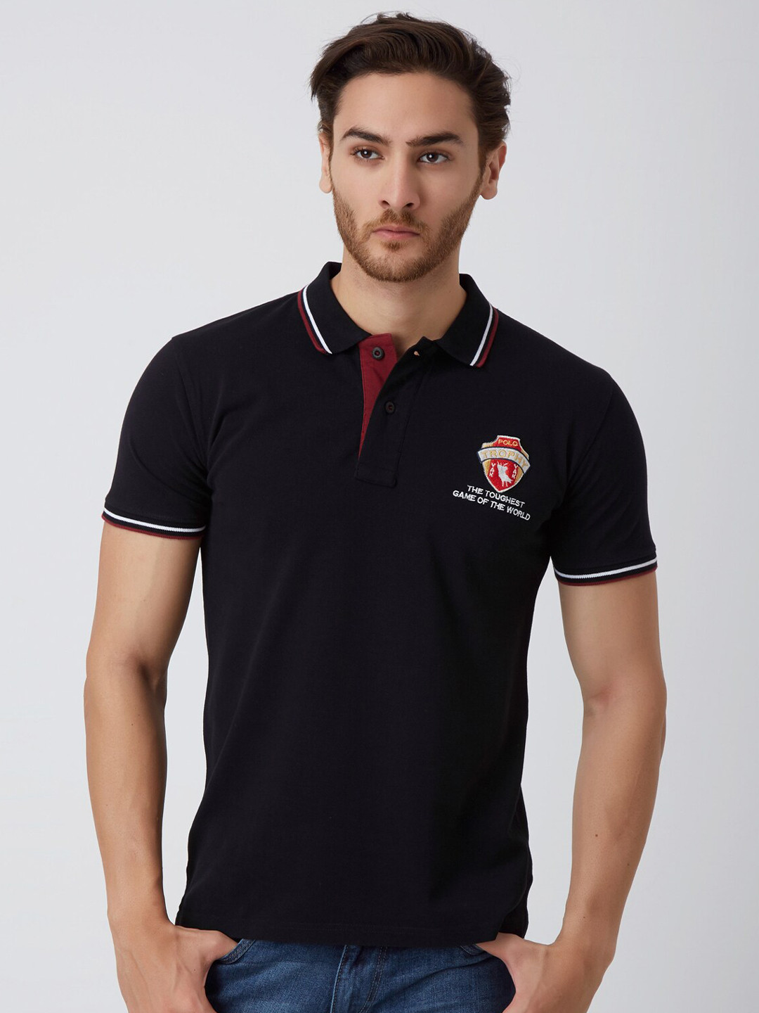 YAK Men Black Polo Collar Applique Slim Fit T-shirt