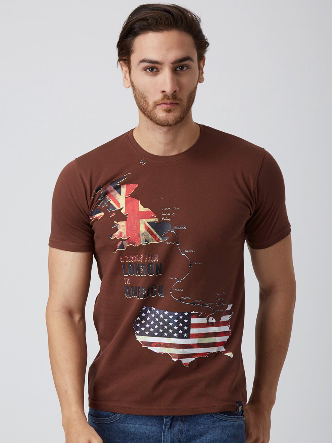 YAK YAK Men Brown Printed Slim Fit T-shirt