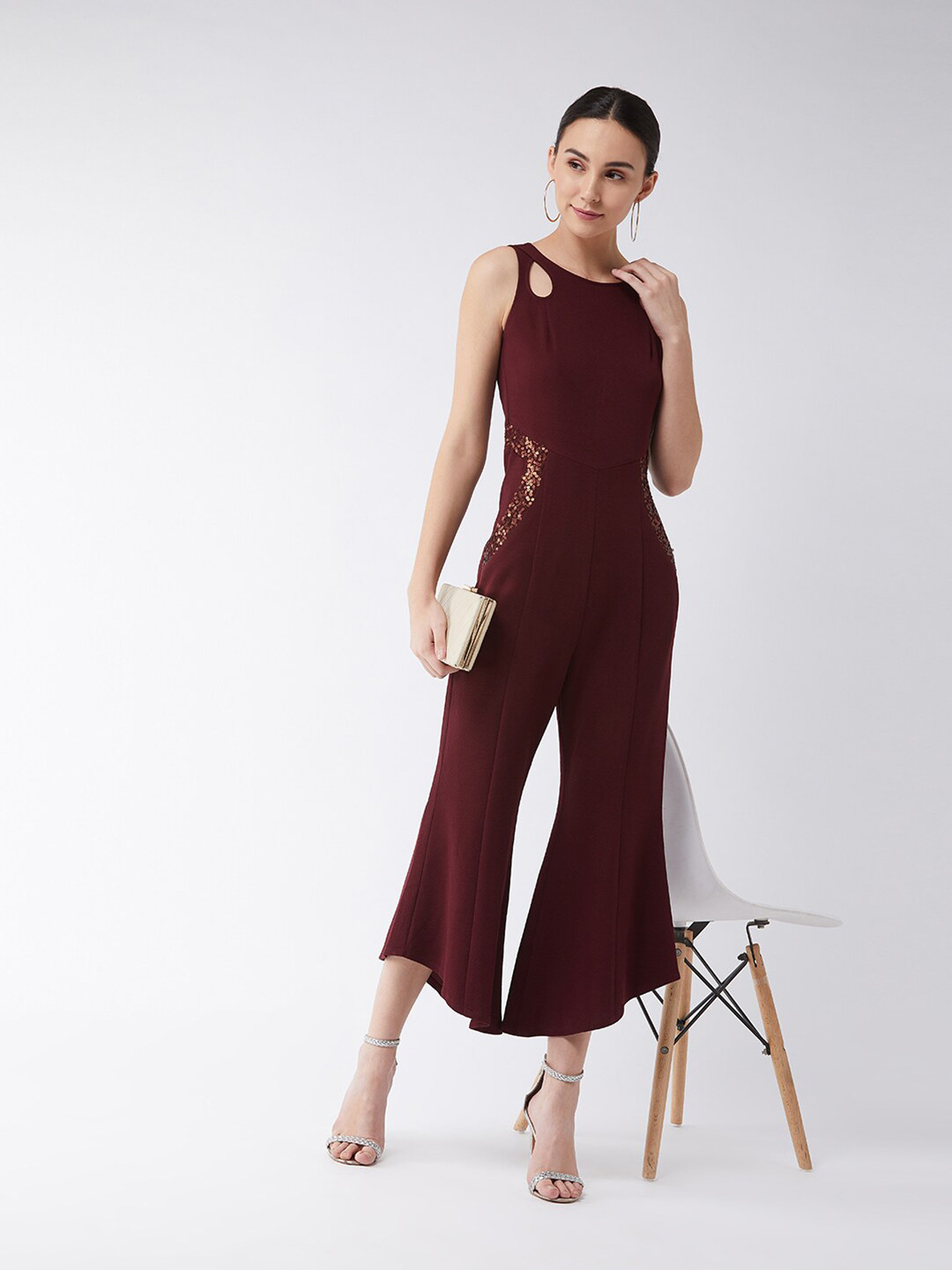 Miss Chase Maroon Embellished Pocket Cut-Out Culotte Jumpsuit