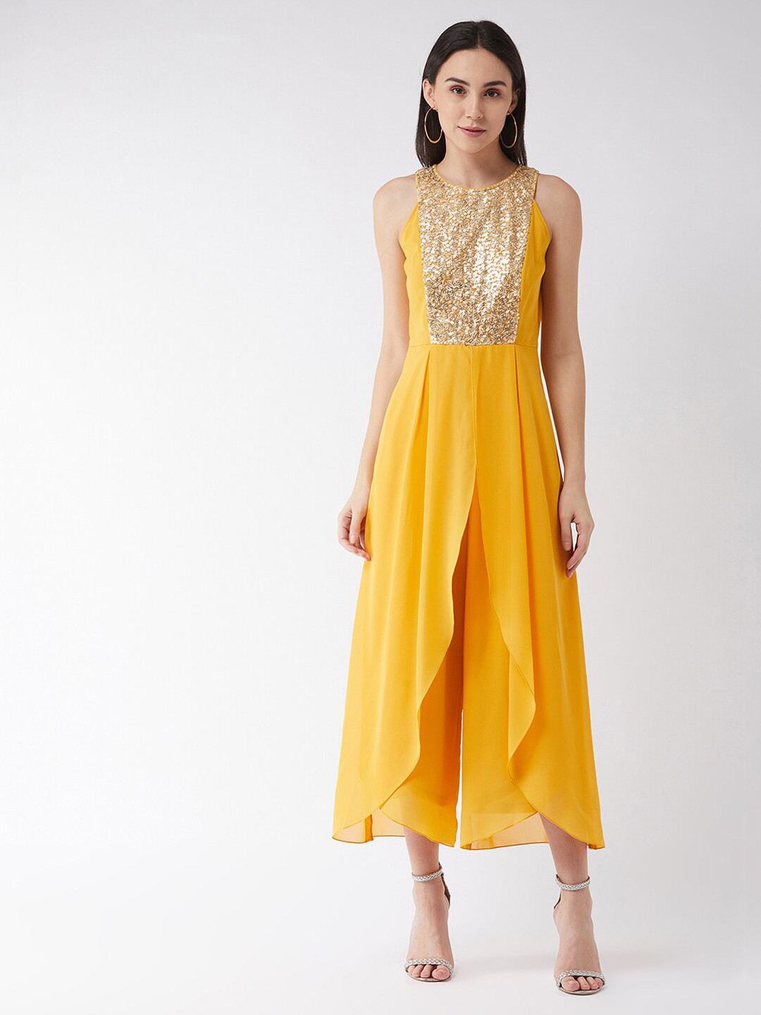 Miss Chase Mustard & Gold-Toned Halter Neck Embellished Layered Jumpsuit