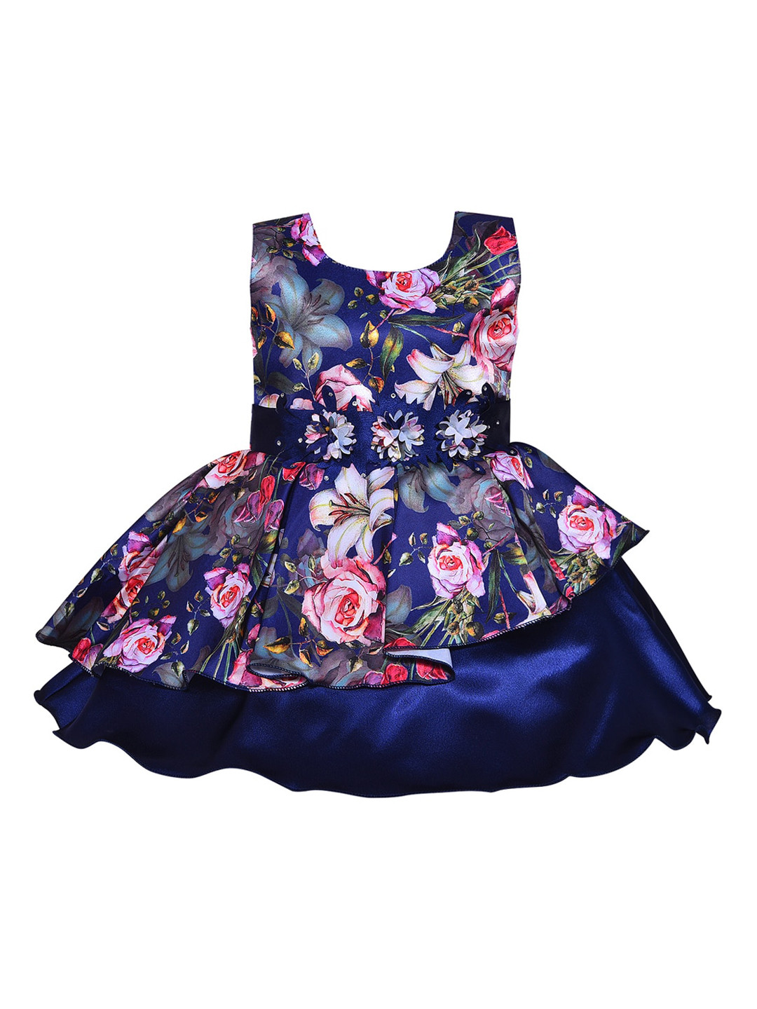 Wish Karo Blue & Pink Floral Satin Dress