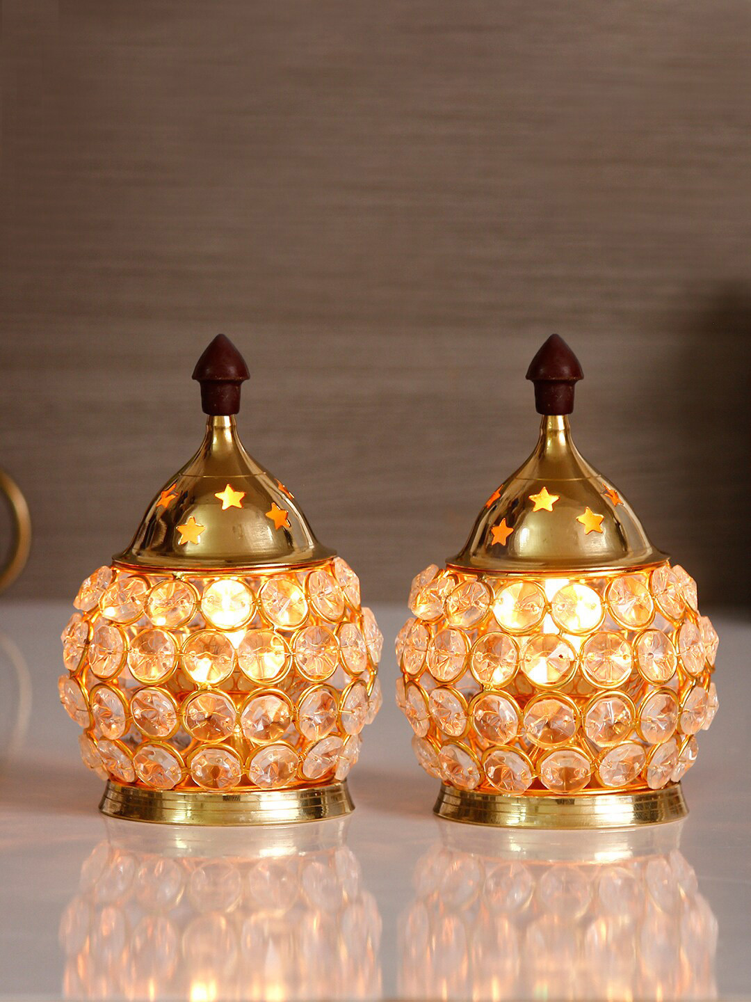 eCraftIndia Set Of 2 Crystal And Brass Akhand Diya