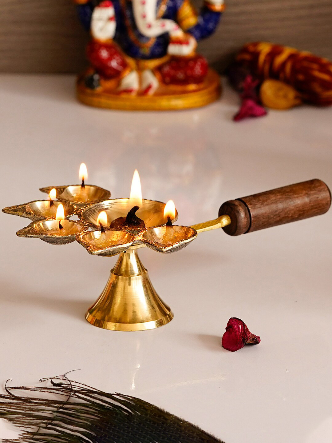 eCraftIndia Brown & Gold Brass Panchdeep Diya With Wooden Handle