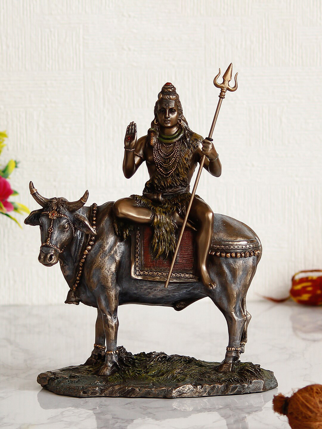 eCraftIndia Bronze & Golden Lord Shiva Sitting On Cow Resin Decorative Showpiece