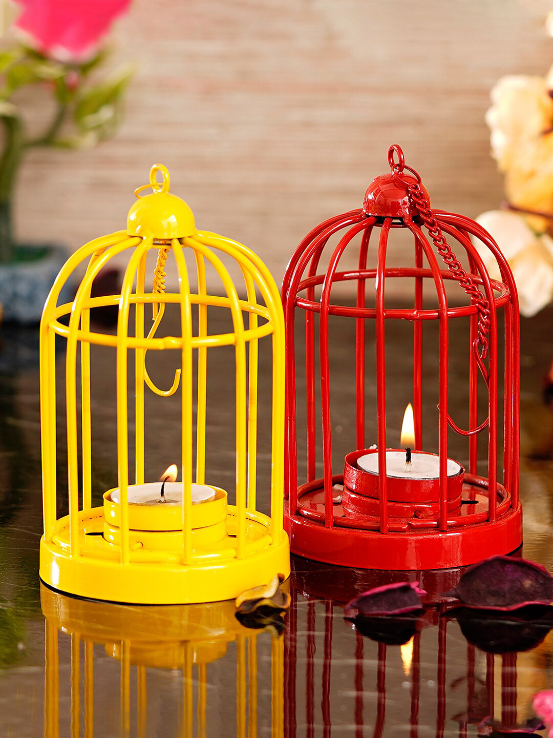 eCraftIndia Red & Yellow Set Of 2 Solid Cage Candle Holders With Hanging Chain