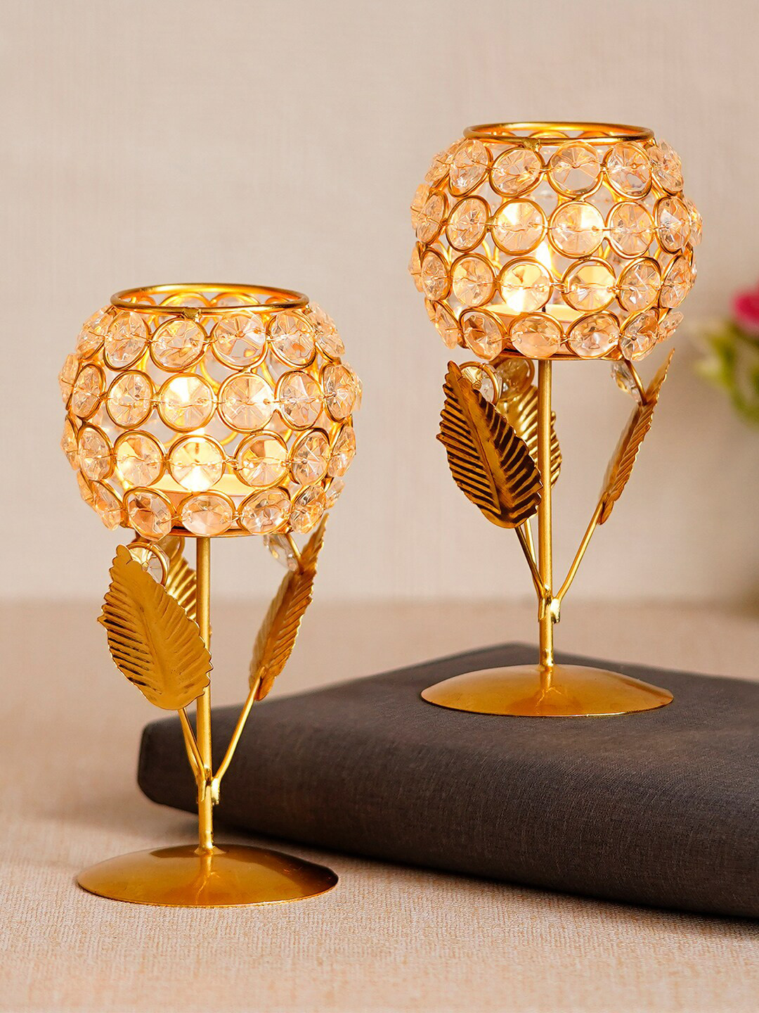 eCraftIndia Set Of 2 Gold-Toned Leaf Shape Crystal Tea Light Holder