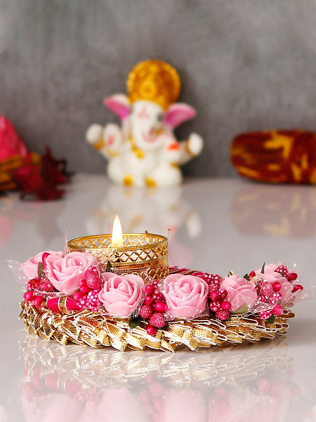 eCraftIndia Pink & Red Floral Handcrafted Tea Light Holder