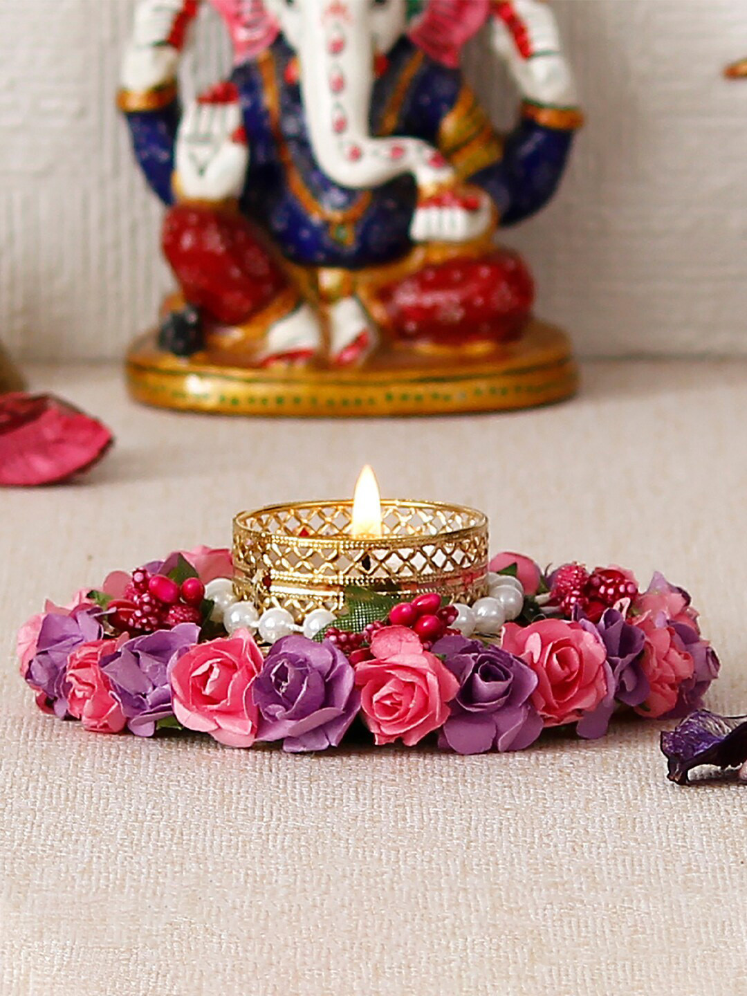 eCraftIndia Pink & Purple Floral Handcrafted Round Tea Light Candle Holder