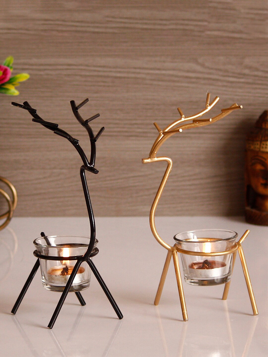 eCraftIndia Set of 2 Black & Gold-Toned Solid Deer Shape Decorative Handcrafted Metal Tea Light Holder