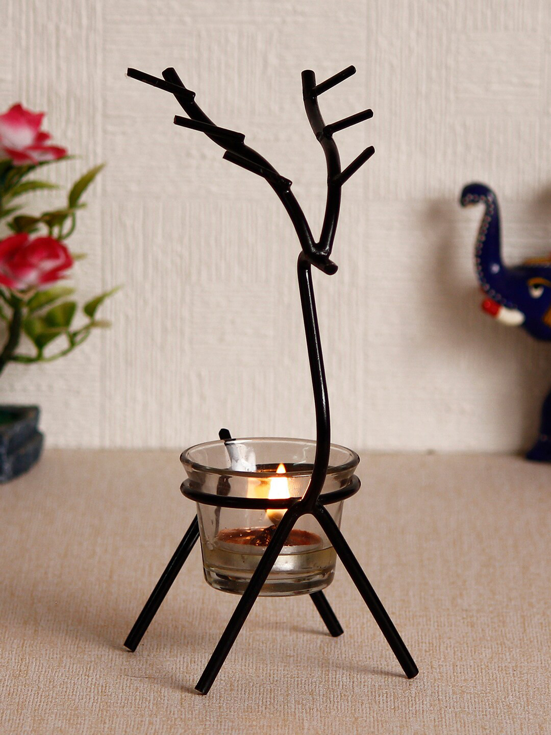 eCraftIndia Black Deer Shape Decorative Metal Black Tea Light Holder