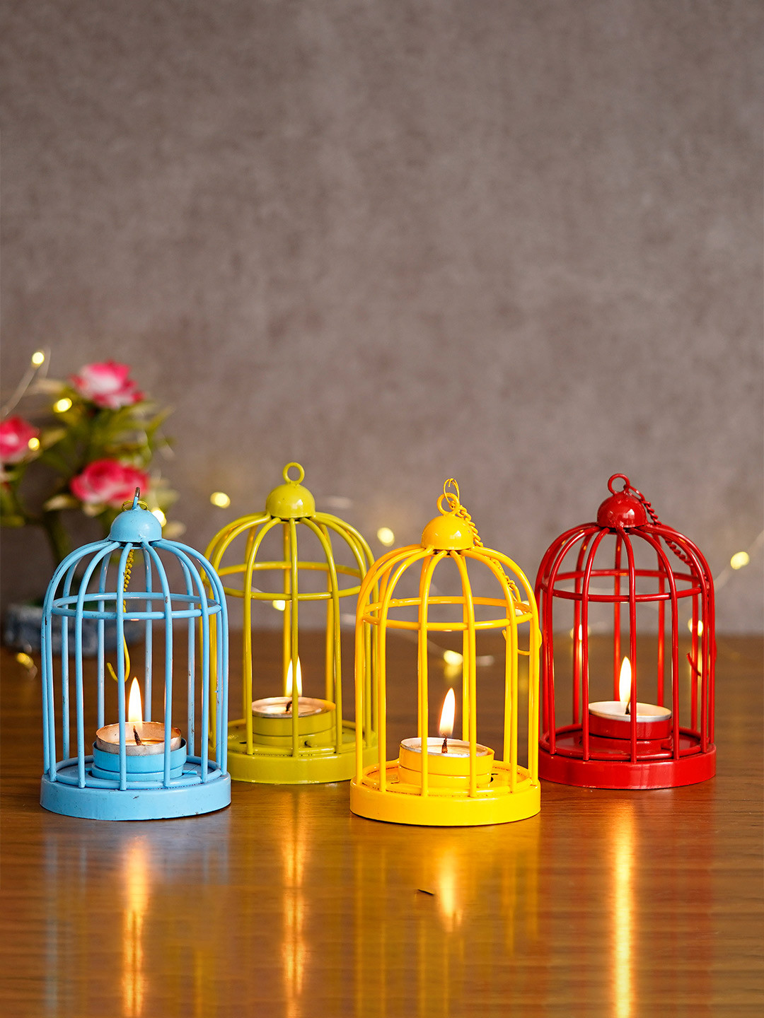 eCraftIndia Set Of 4 Solid Cage Candle Holder With Hanging Chain