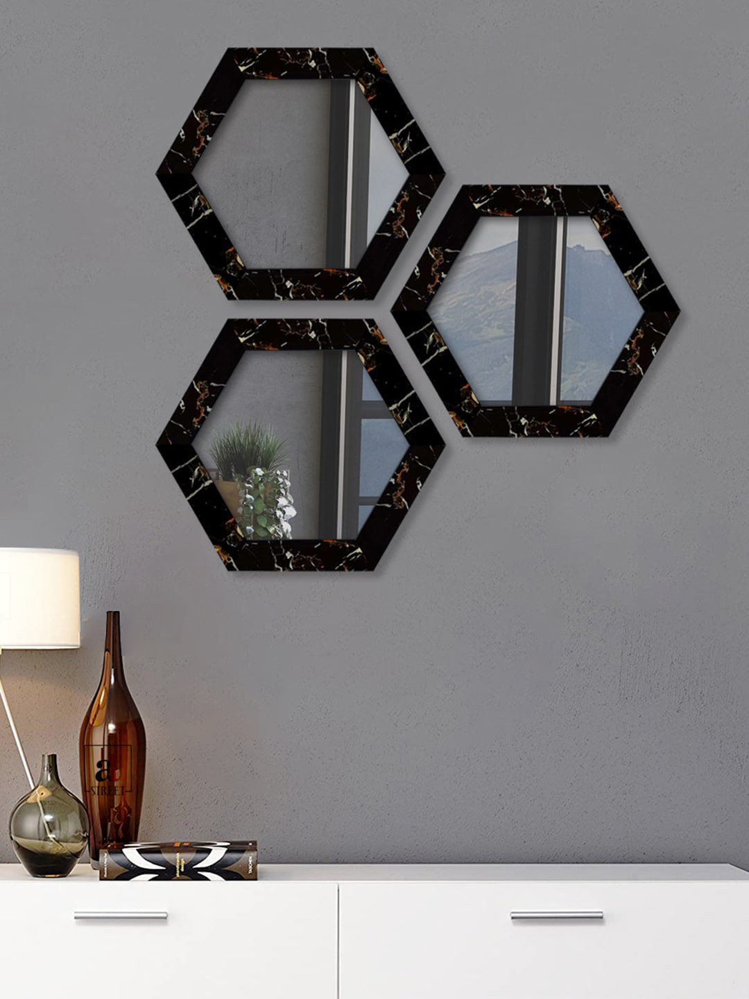 Art Street Set Of 3 Black Patterned Hexagon-Shaped Wall Mirror