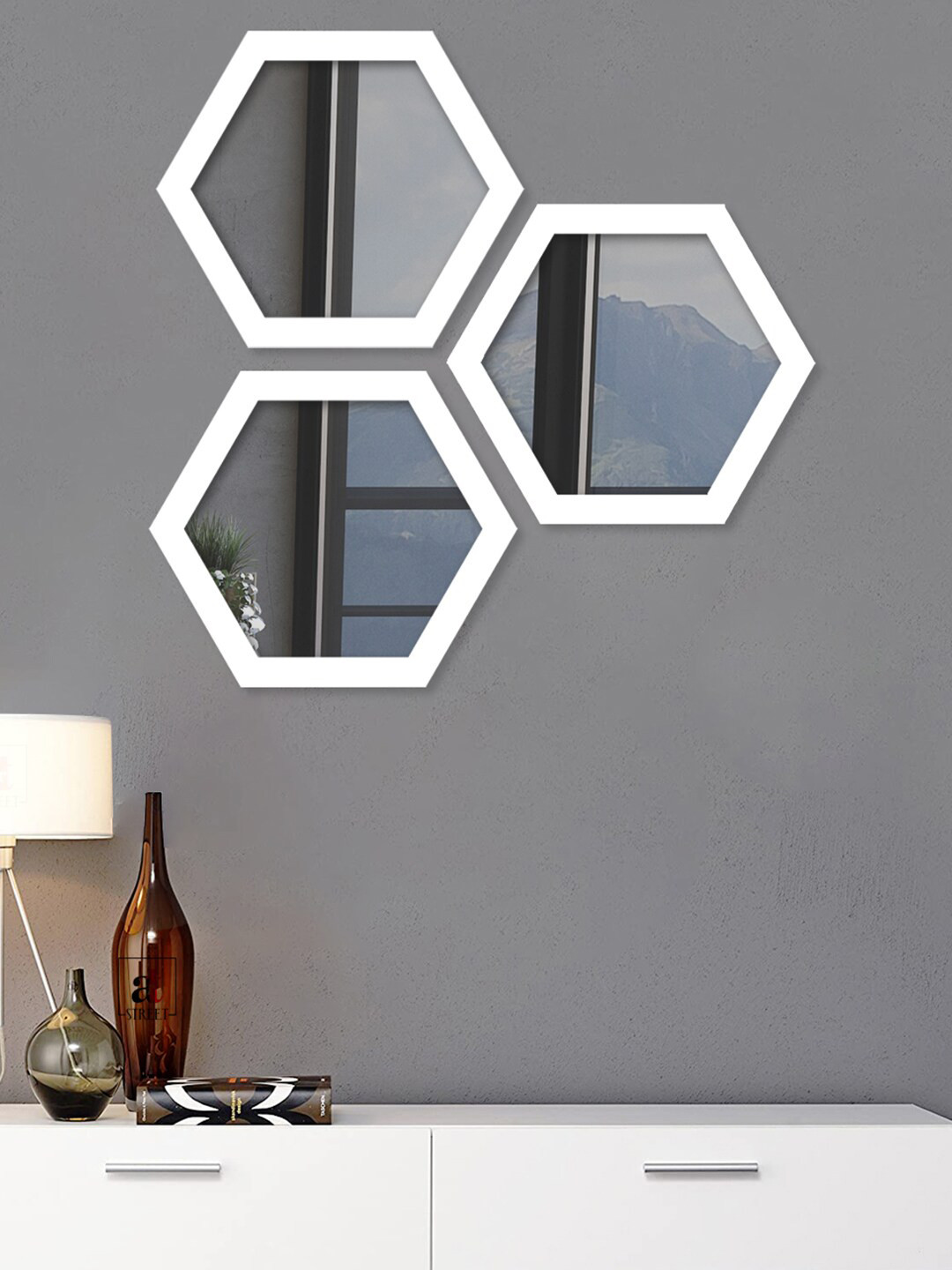 Art Street Set Of 3 White Solid Decorative Hexagon-Shaped Wall Mirrors