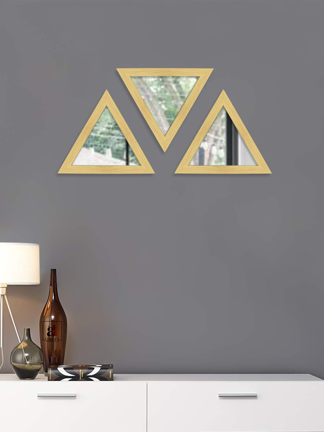 Art Street Set Of 3 Brown Textured Decorative Triangle-Shaped Wall Mirrors