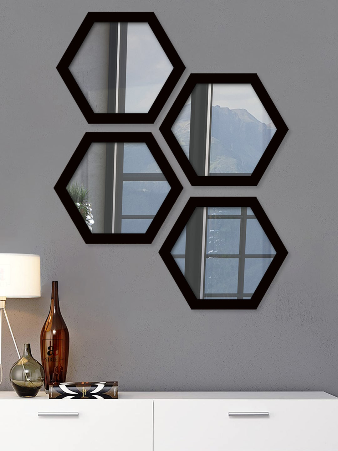 Art Street Set Of 4 Black Solid Decorative Hexagon-Shaped Wall Mirrors