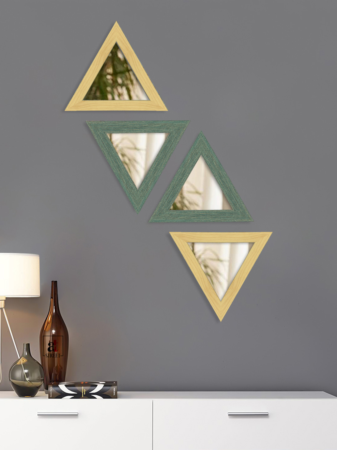 Art Street Set Of 4 Green & Beige Textured Decorative Triangle-Shaped Wall Mirrors