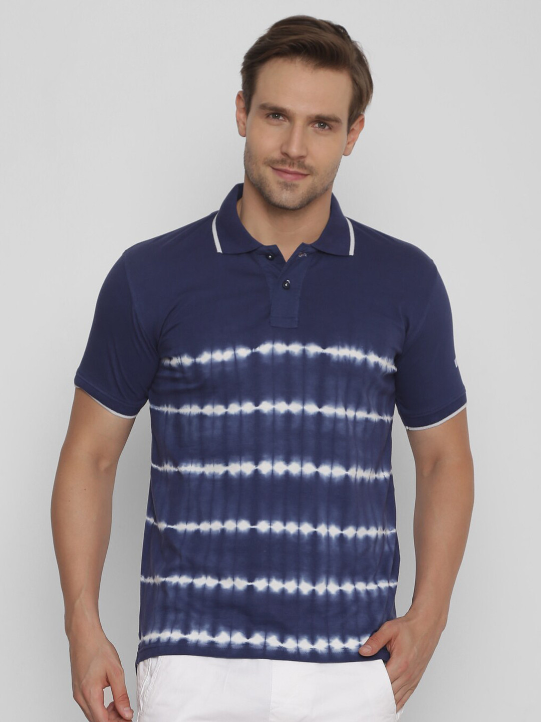 YAK YAK Men Navy Blue Tie and Dye Dyed Polo Collar Indigo Slim Fit Cotton Pure Cotton T-shirt