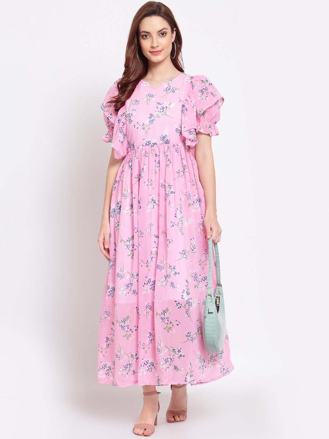 Myshka Pink & Blue Floral Printed Maxi Dress