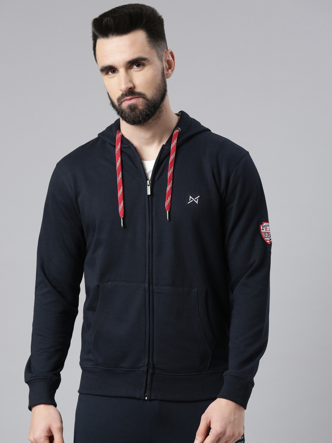 Force NXT Men Navy Blue Hooded Front-Open Sweatshirt