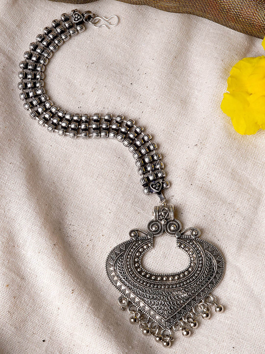 TEEJH Silver-Plated Oxidised Maang Tikka