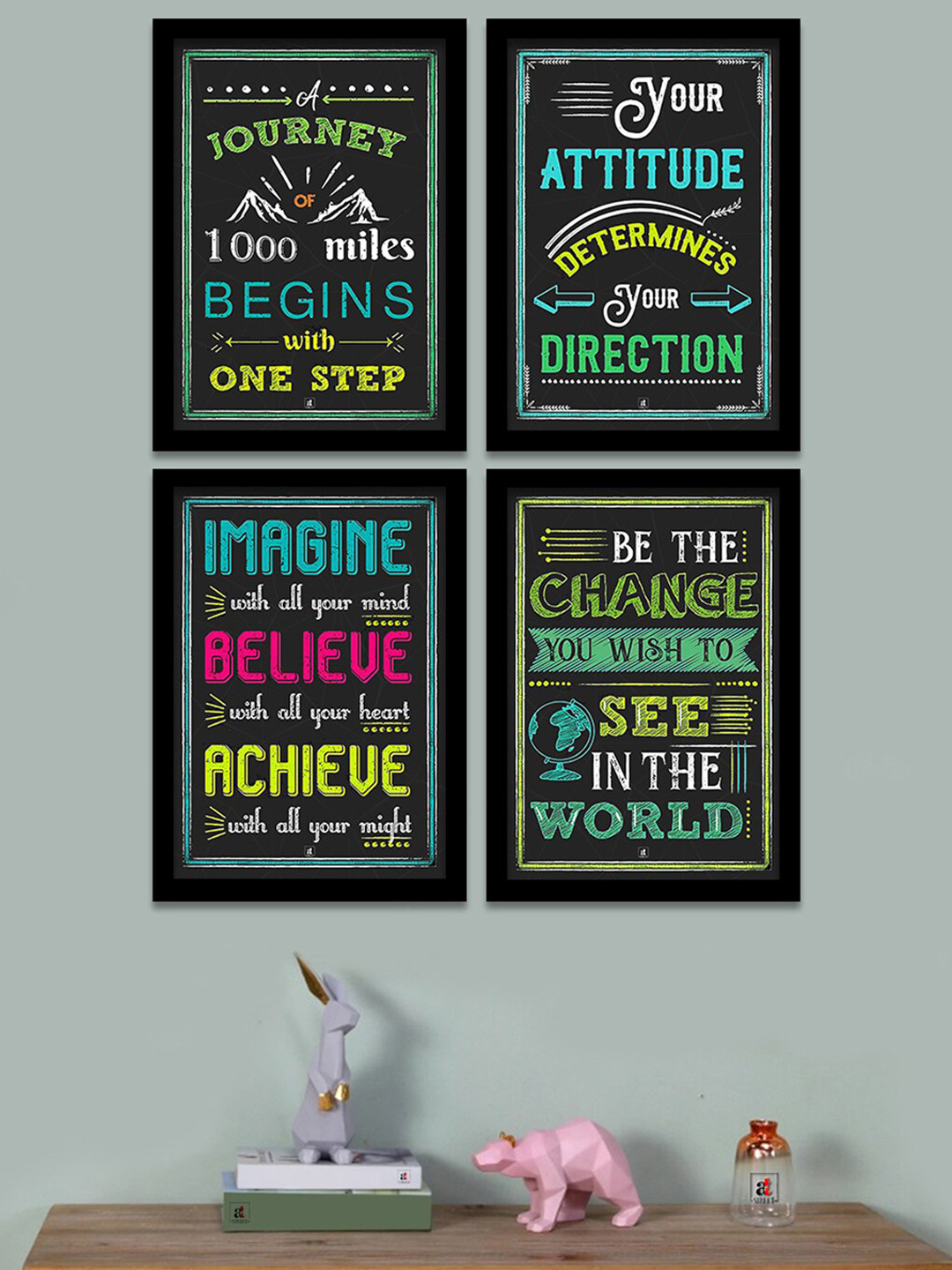 Art Street Set Of 4 Black & Yellow Printed Motivational Quotes Digital Art Wall Art