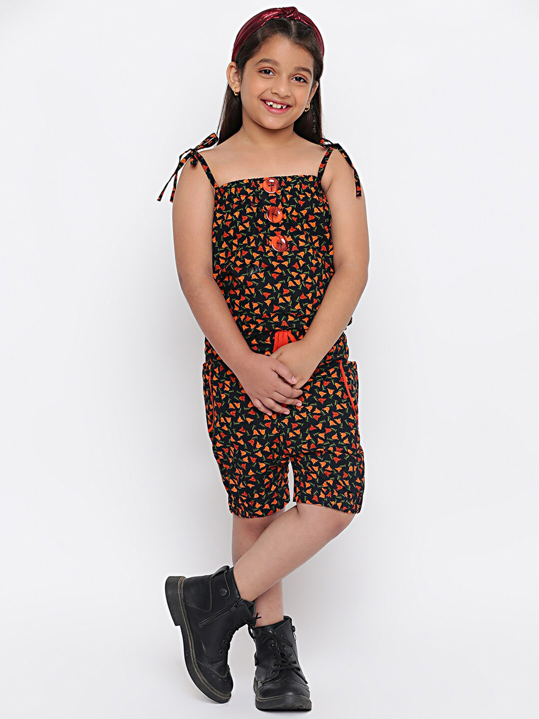 SKY HEIGHTS Girls Black & Orange  Printed Playsuit