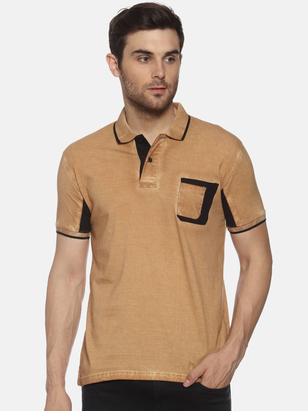 YAK Men Camel Brown Polo Collar Pockets Slim Fit T-shirt