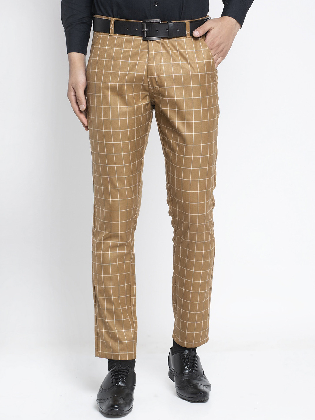 JAINISH Men Brown Checked Smart Tapered Fit Formal Trousers