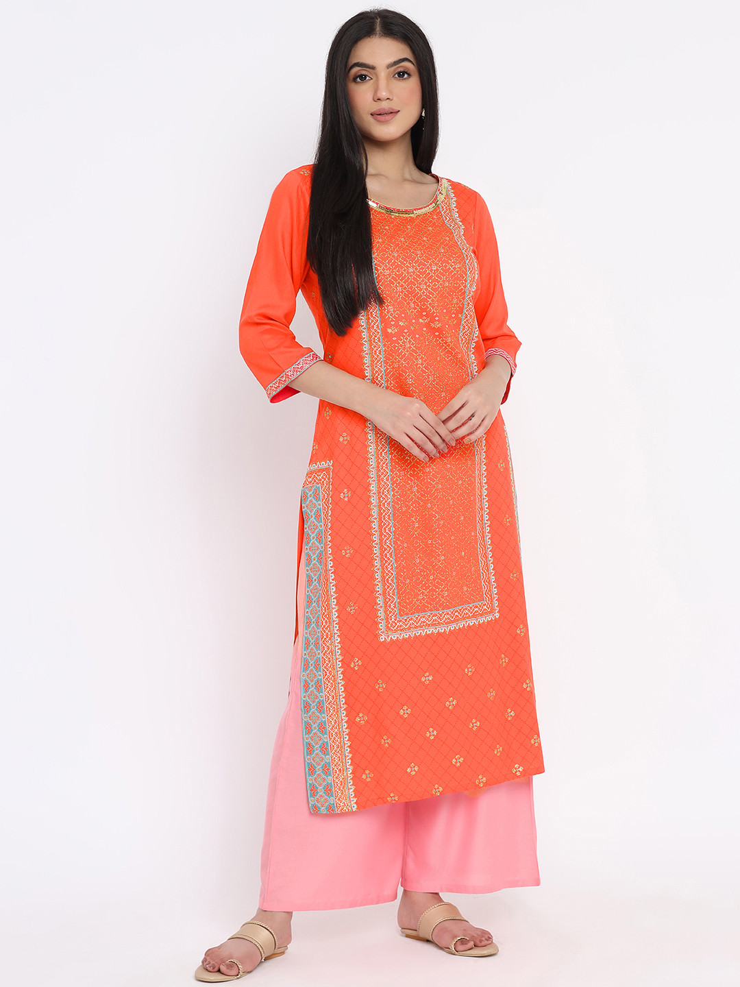 AURELIA - The Aure Collection Women Coral Printed Regular Sequinned Kurta with Palazzos