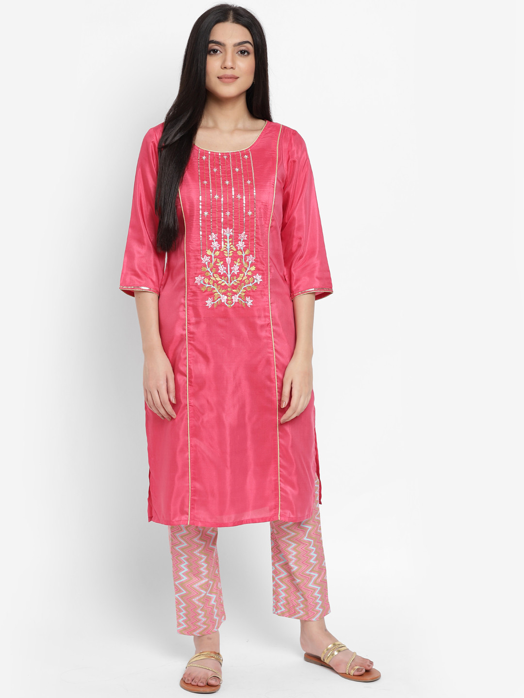 AURELIA - The Aure Collection Women Pink Ethnic Motifs Embellished Kurta with Trousers