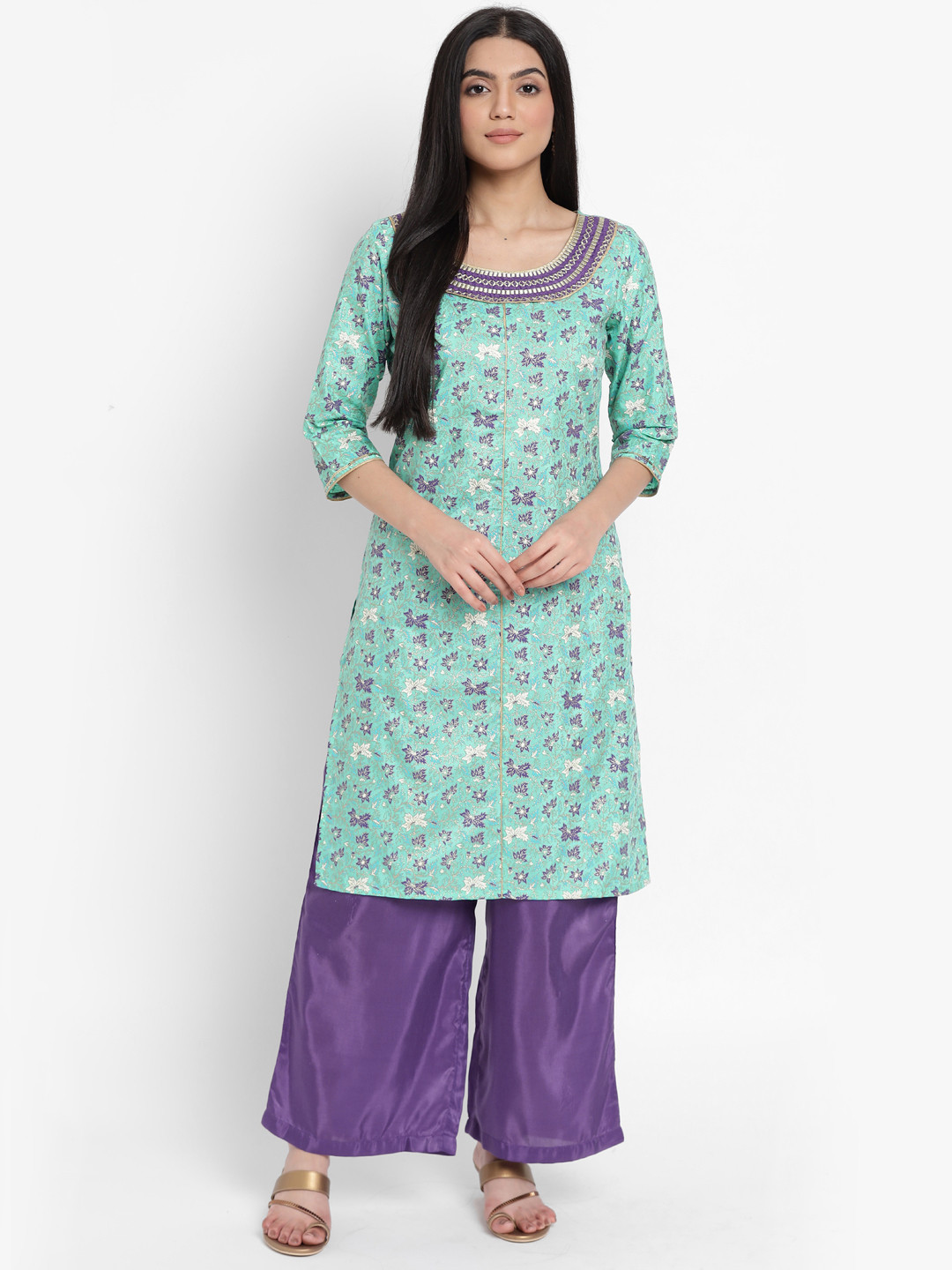 AURELIA - The Aure Collection Women Blue & Purple Mughal Print Zari Embroidered Kurta with Solid Palazzos