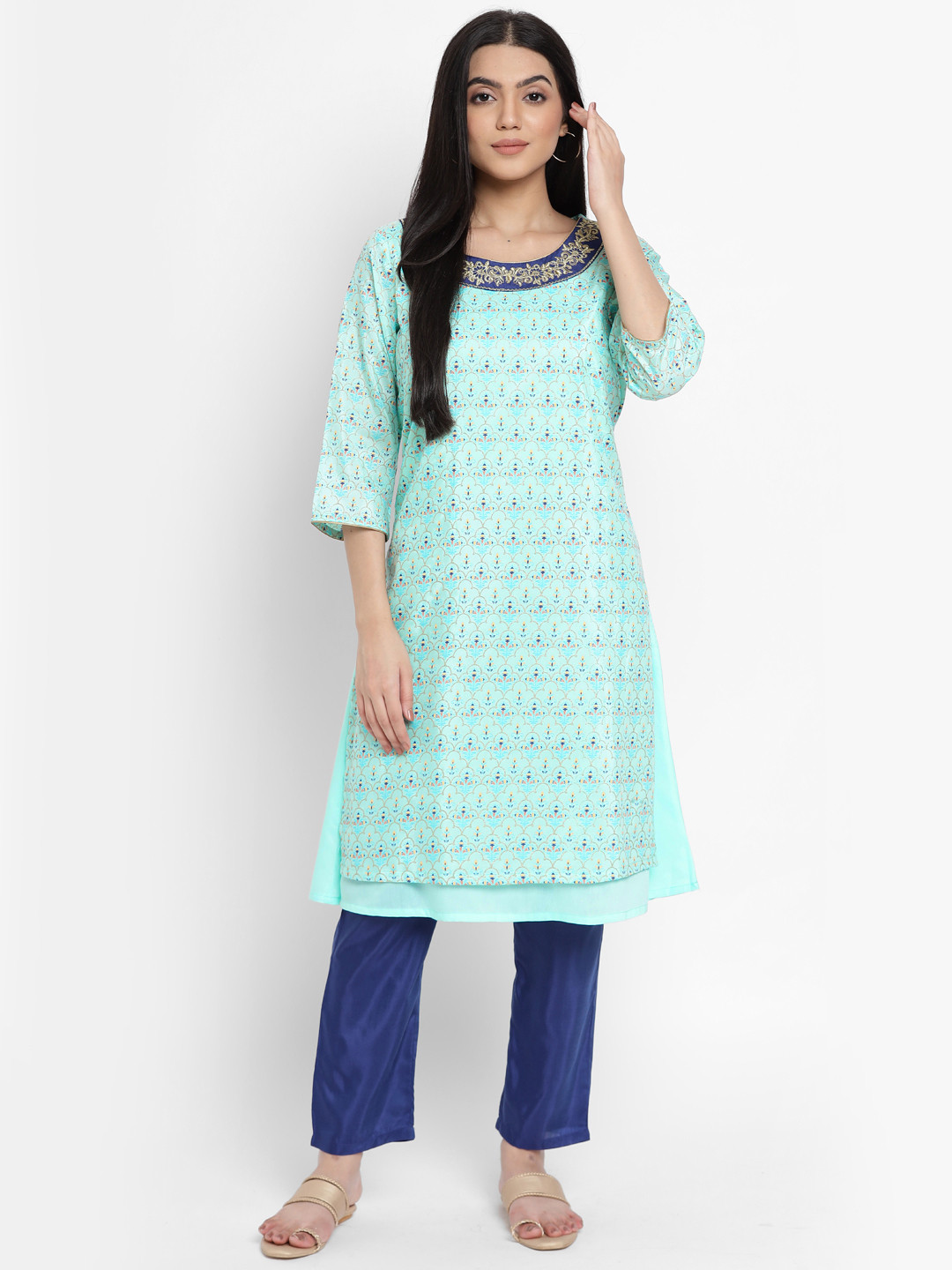 AURELIA - The Aure Collection Women Blue Ethnic Motifs Layered Kurta with Trousers