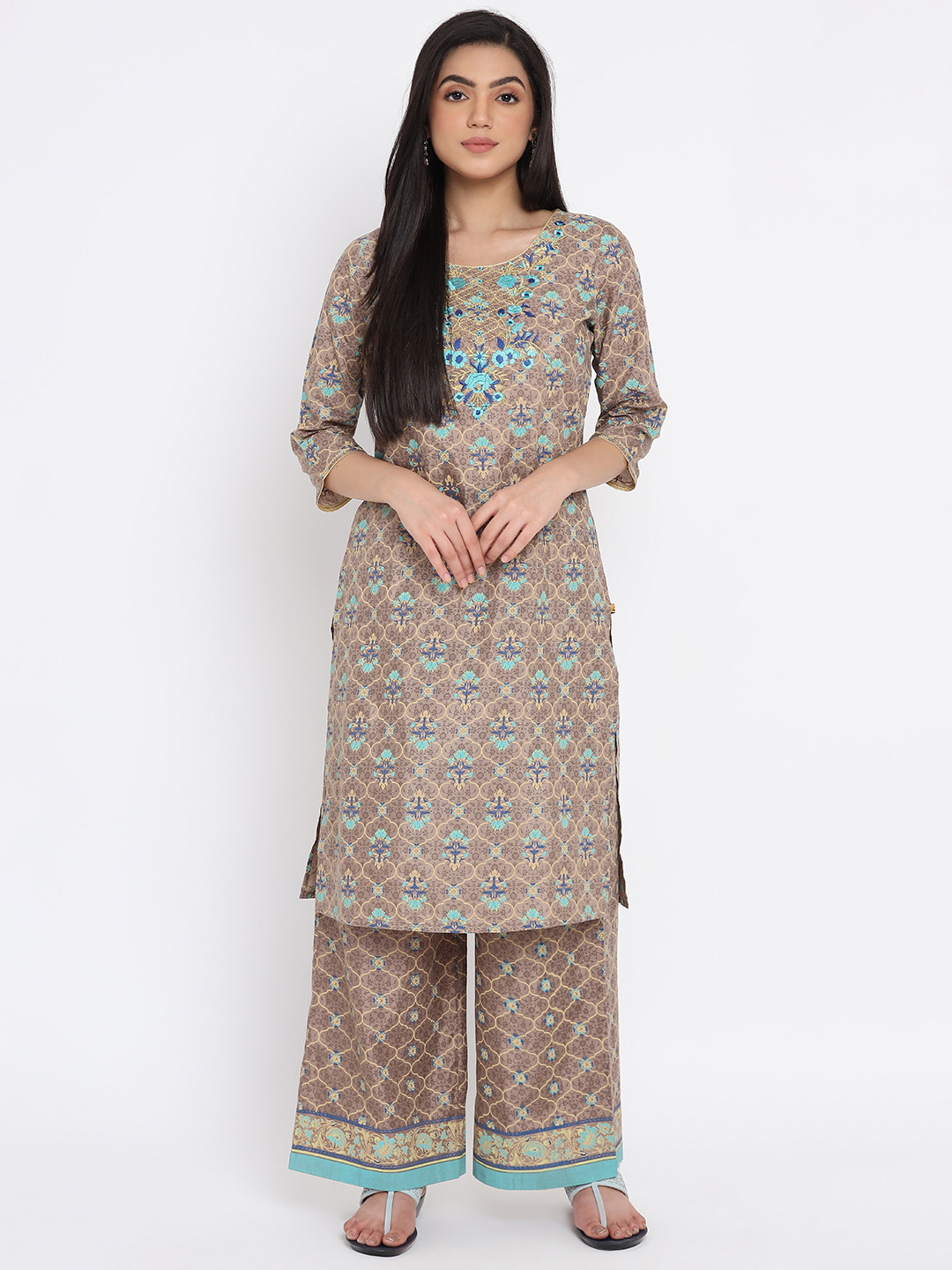 AURELIA - The Aure Collection Women Taupe & Beige Ethnic Motifs Mughal Print Regular Kurta with Palazzos
