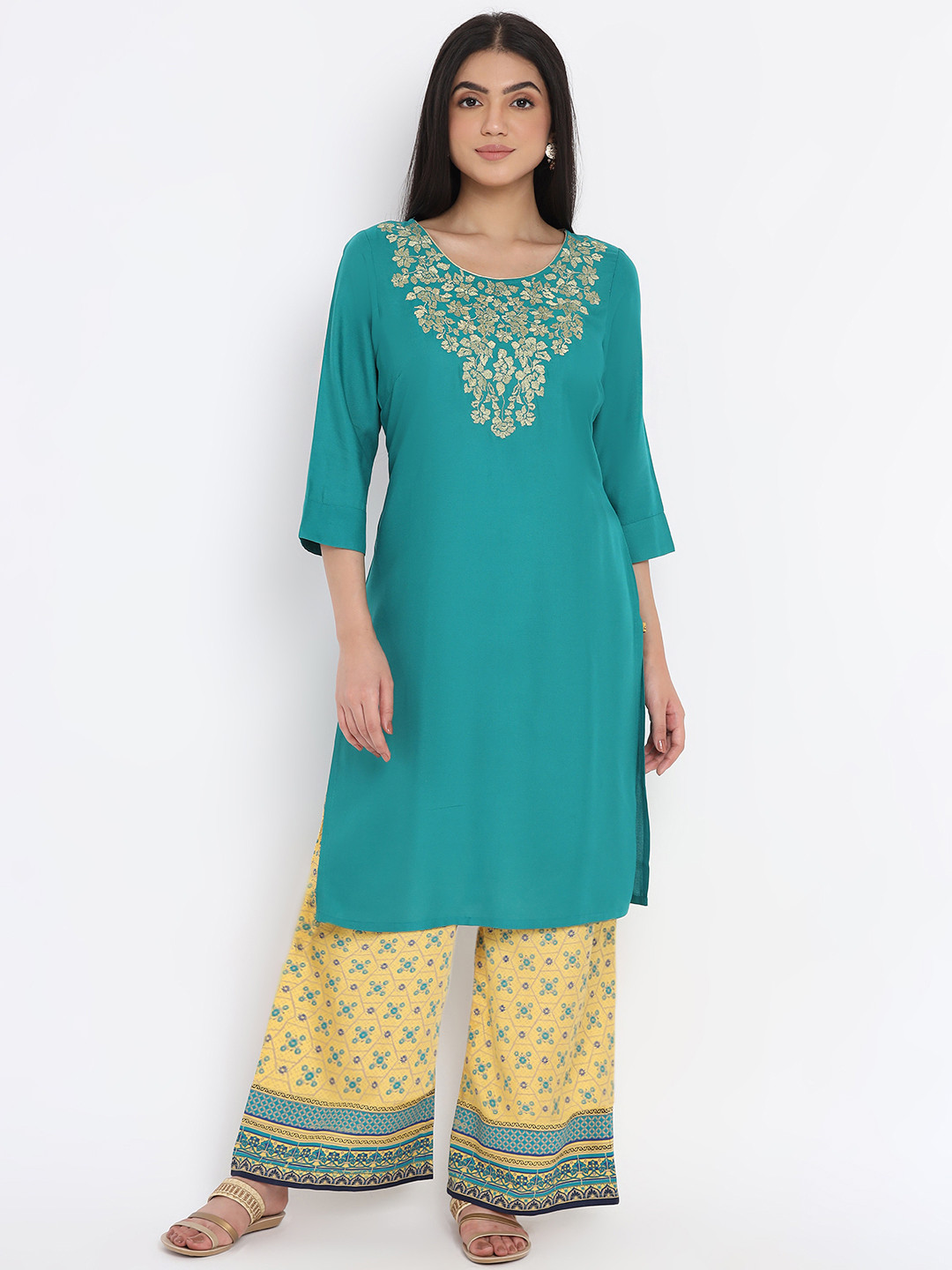 AURELIA - The Aure Collection Women Blue Ethnic Motifs Yoke Design Regular Kurta with Palazzos