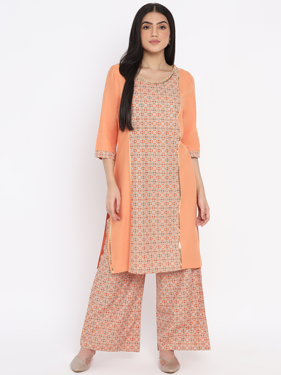 AURELIA - The Aure Collection Women Peach-Coloured & Green Ethnic Motifs Print Sequinned Kurta with Palazzos