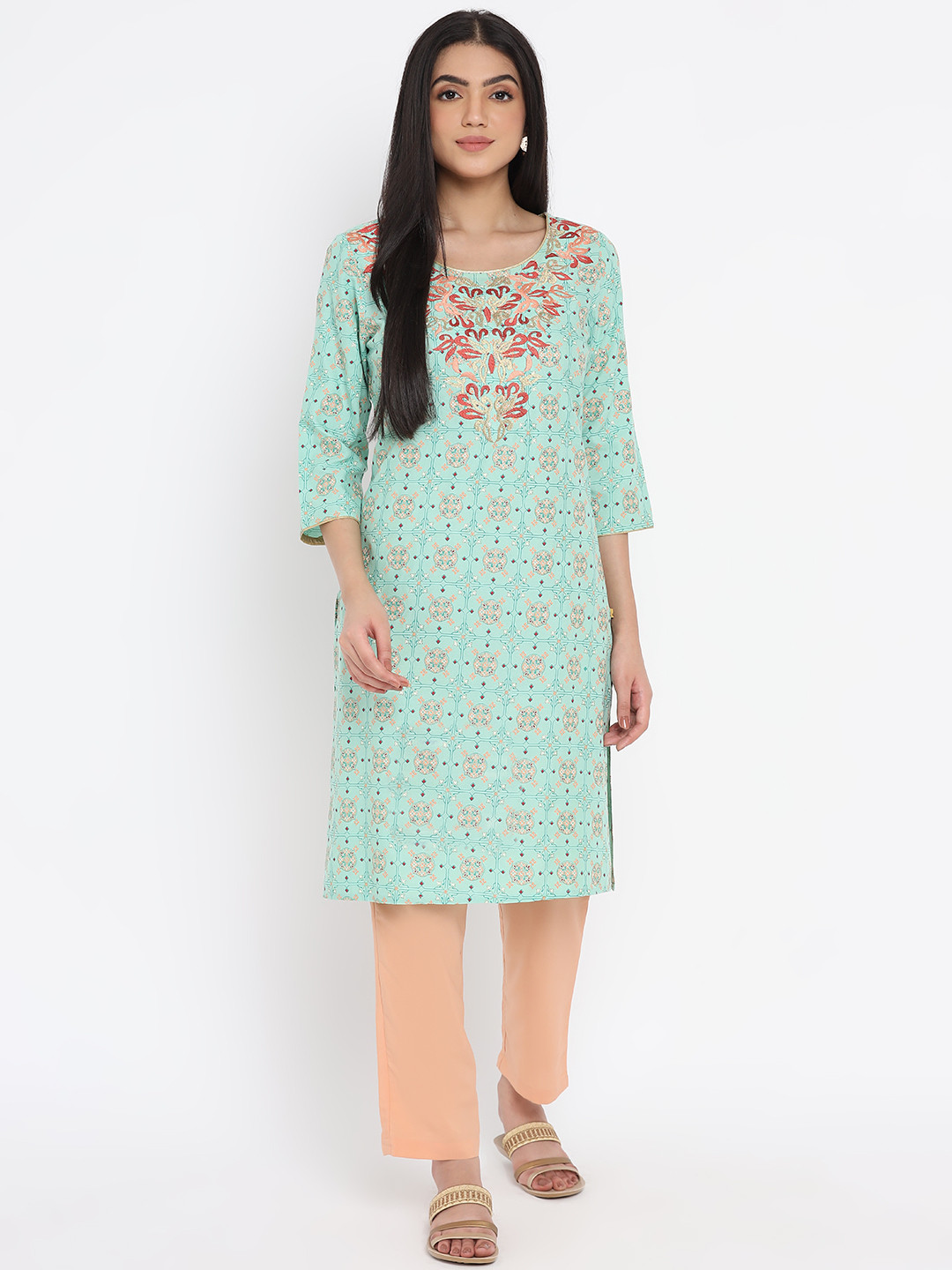 AURELIA - The Aure Collection Women Green & Peach-Coloured Ethnic Motifs Print Regular Kurta with Trousers